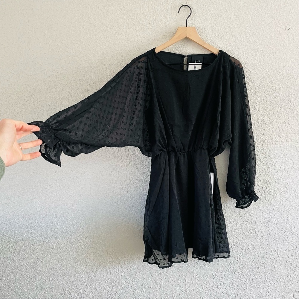 UO Lumiere Black Swiss Dot Long Sleeve Mini Dress
